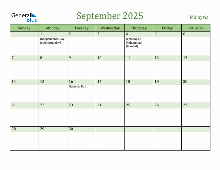 September 2025 Calendar with Malaysia Holidays