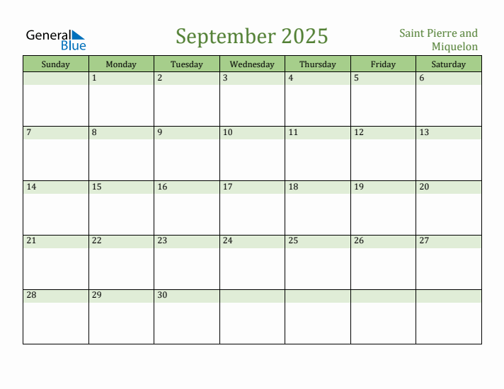 September 2025 Calendar with Saint Pierre and Miquelon Holidays