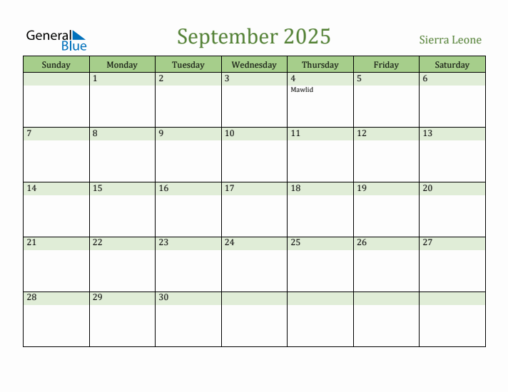 September 2025 Calendar with Sierra Leone Holidays