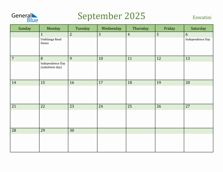 September 2025 Calendar with Eswatini Holidays