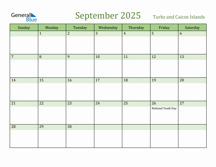 September 2025 Calendar with Turks and Caicos Islands Holidays