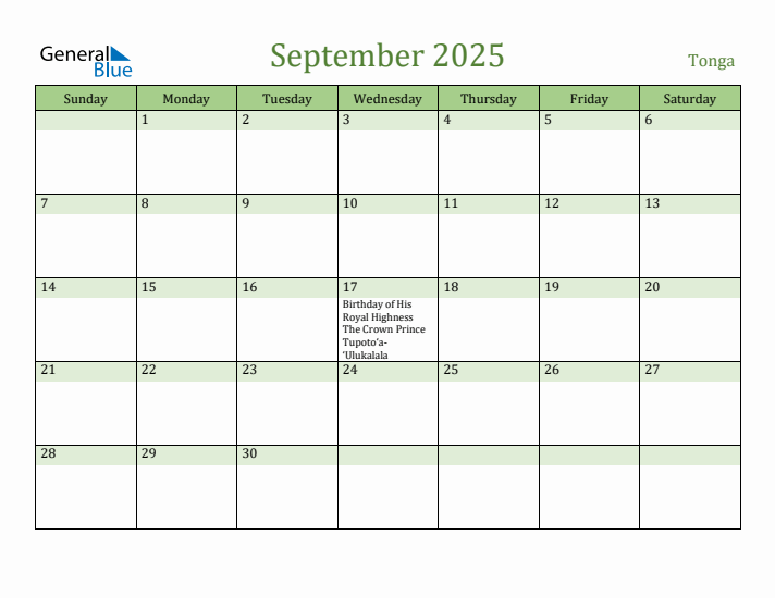 September 2025 Calendar with Tonga Holidays