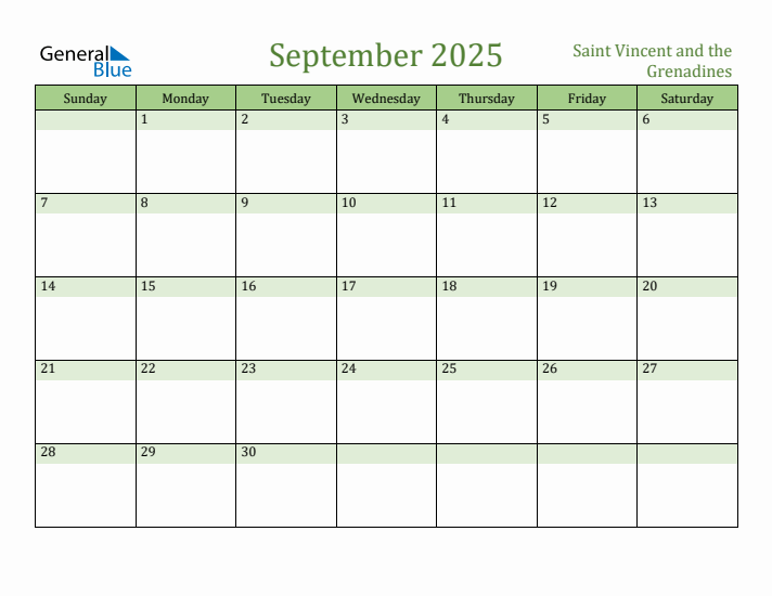 September 2025 Calendar with Saint Vincent and the Grenadines Holidays