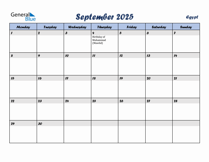 September 2025 Calendar with Holidays in Egypt