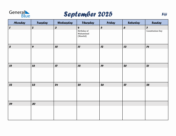 September 2025 Calendar with Holidays in Fiji