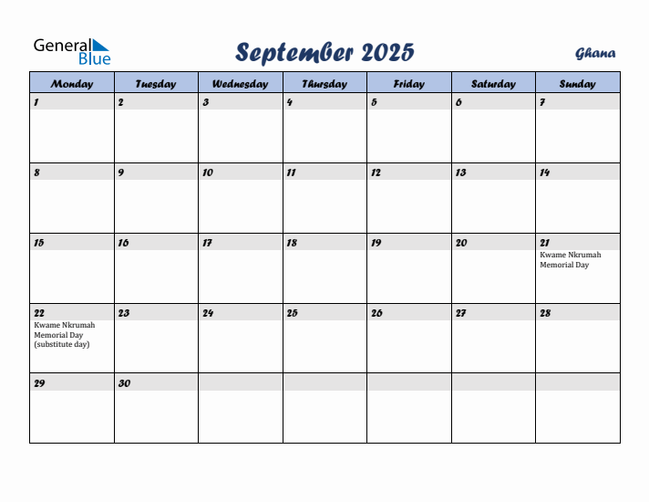 September 2025 Calendar with Holidays in Ghana