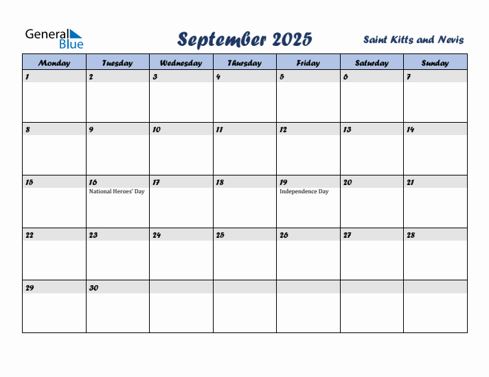 September 2025 Calendar with Holidays in Saint Kitts and Nevis
