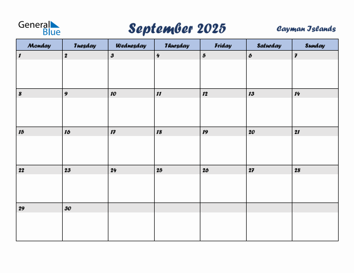 September 2025 Calendar with Holidays in Cayman Islands