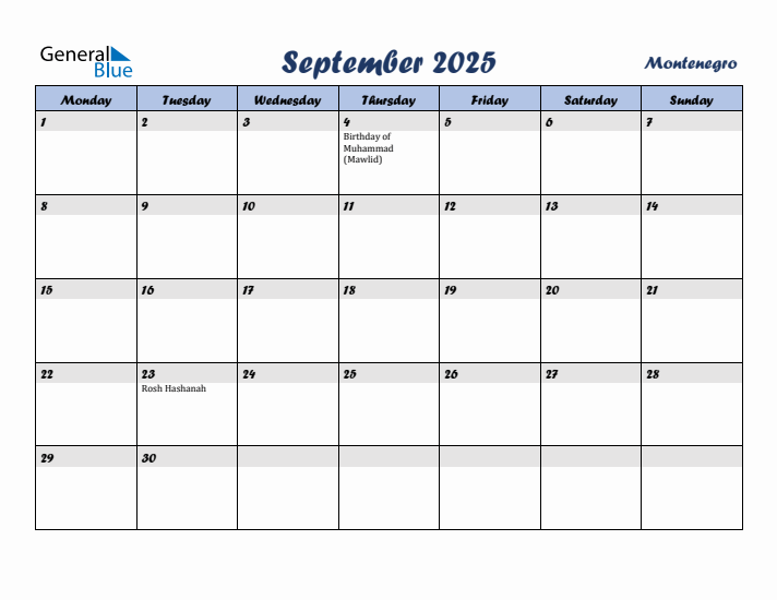 September 2025 Calendar with Holidays in Montenegro
