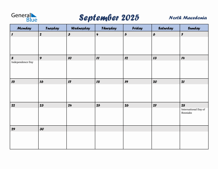 September 2025 Calendar with Holidays in North Macedonia