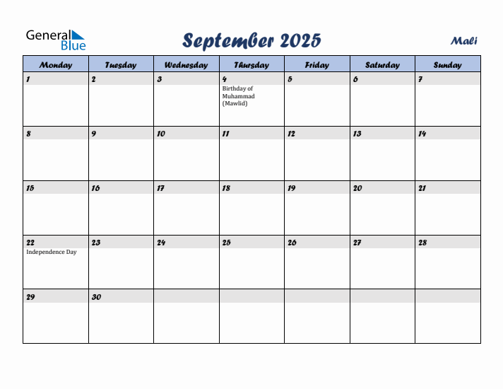September 2025 Calendar with Holidays in Mali