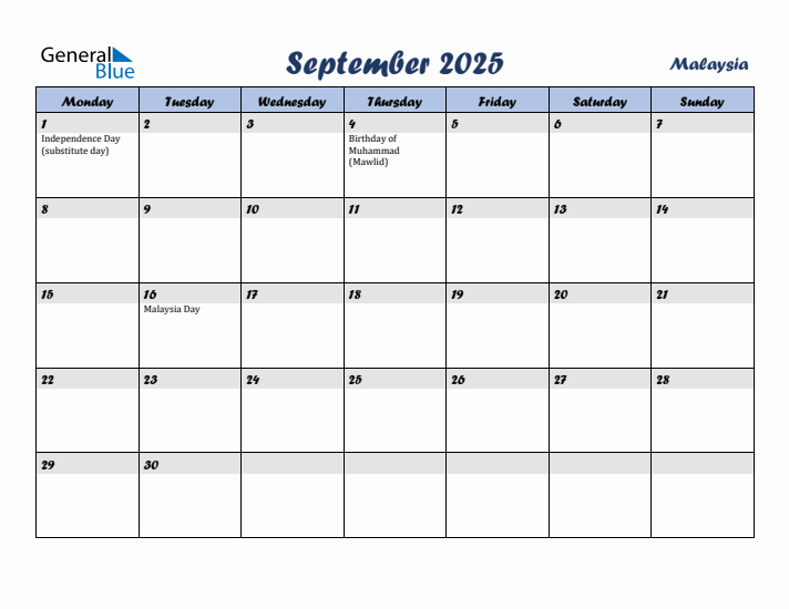 September 2025 Calendar with Holidays in Malaysia