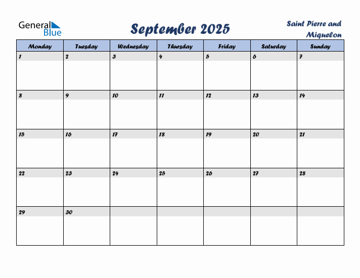 September 2025 Calendar with Holidays in Saint Pierre and Miquelon