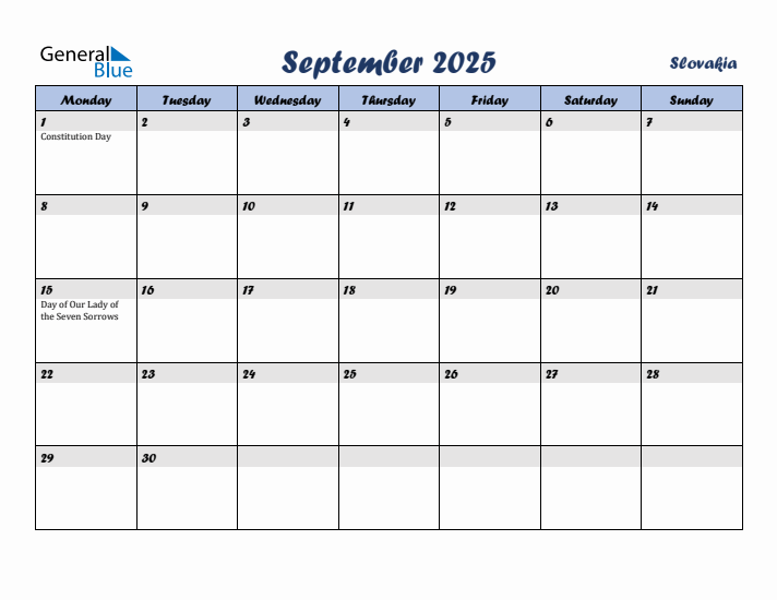 September 2025 Calendar with Holidays in Slovakia