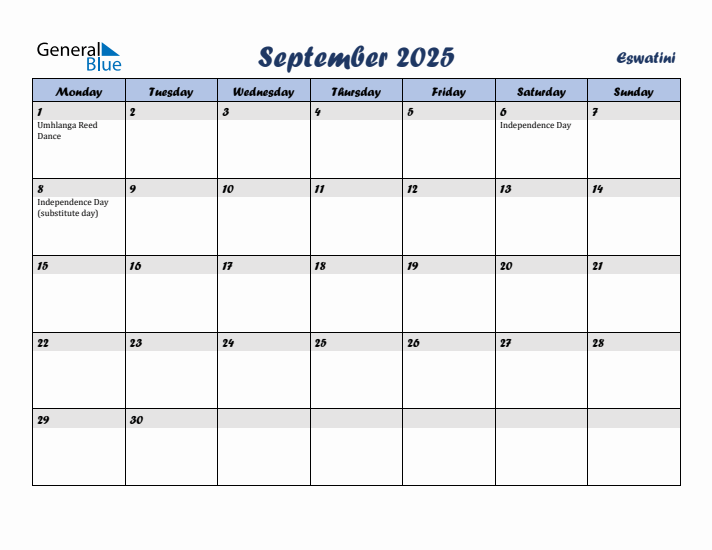 September 2025 Calendar with Holidays in Eswatini