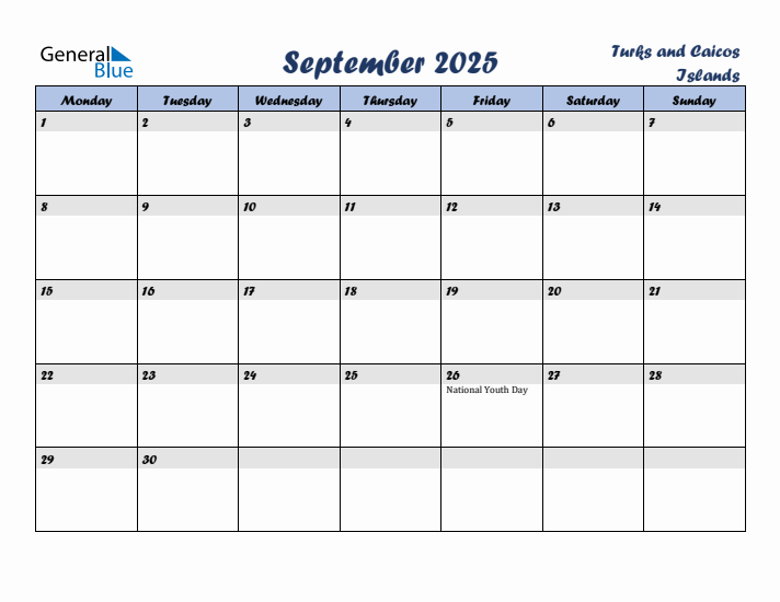 September 2025 Calendar with Holidays in Turks and Caicos Islands