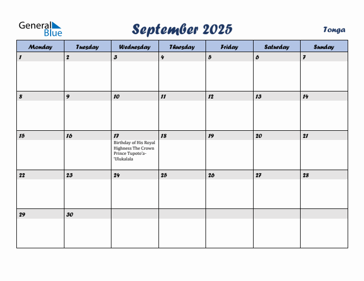 September 2025 Calendar with Holidays in Tonga