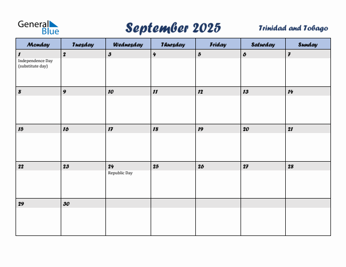 September 2025 Calendar with Holidays in Trinidad and Tobago