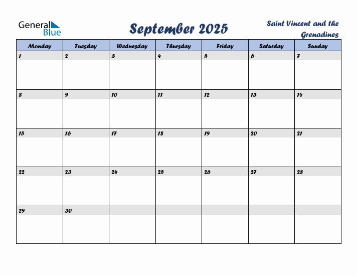 September 2025 Calendar with Holidays in Saint Vincent and the Grenadines