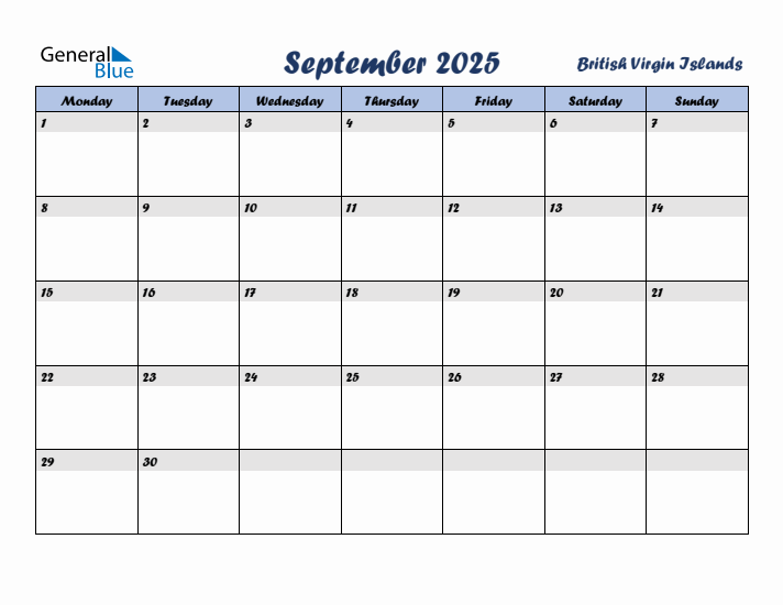 September 2025 Calendar with Holidays in British Virgin Islands