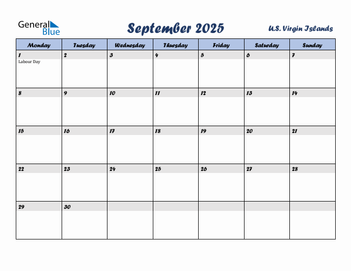 September 2025 Calendar with Holidays in U.S. Virgin Islands