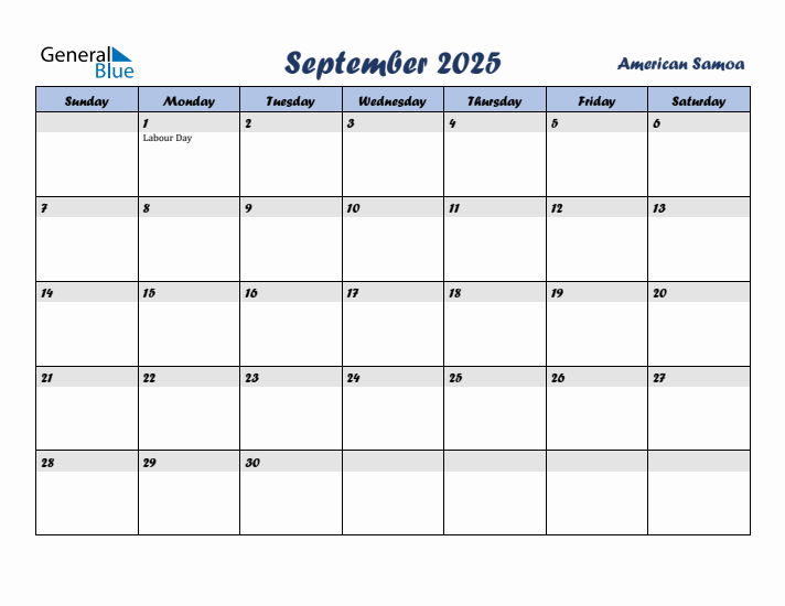 September 2025 Calendar with Holidays in American Samoa