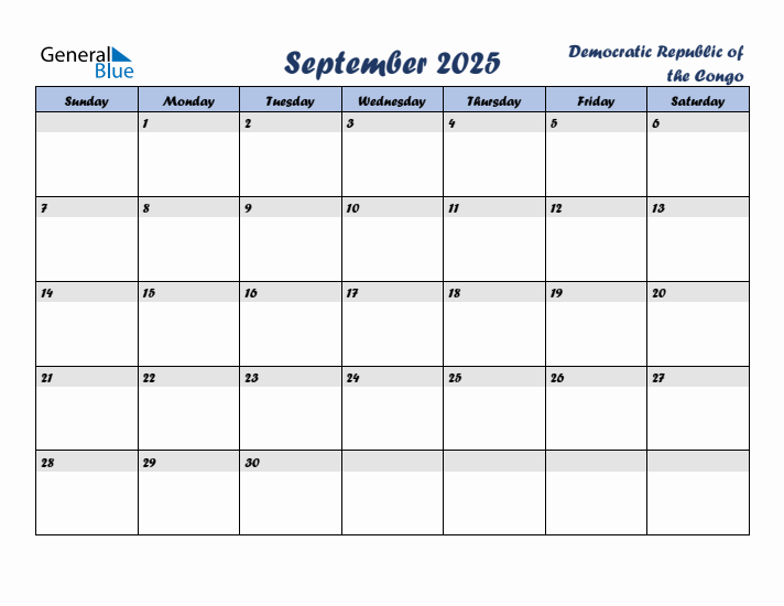September 2025 Calendar with Holidays in Democratic Republic of the Congo