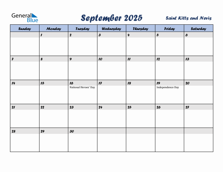 September 2025 Calendar with Holidays in Saint Kitts and Nevis