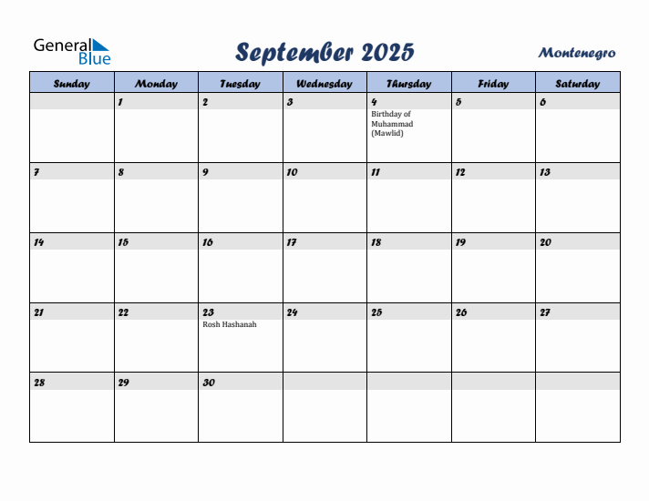 September 2025 Calendar with Holidays in Montenegro