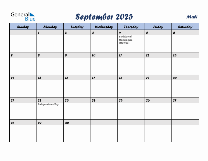 September 2025 Calendar with Holidays in Mali
