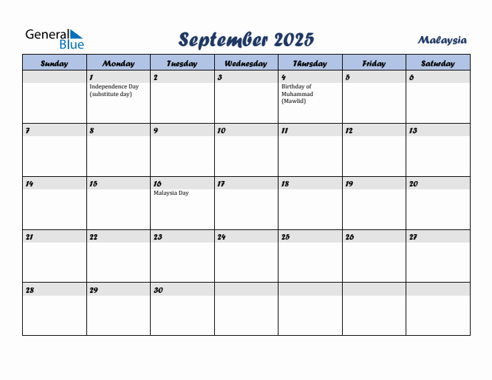 September 2025 Calendar with Holidays in Malaysia