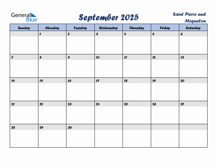 September 2025 Calendar with Holidays in Saint Pierre and Miquelon