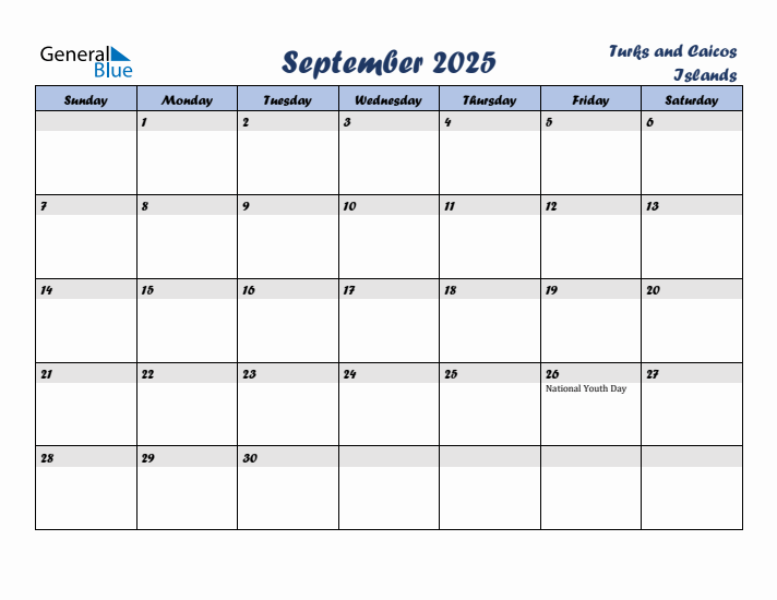 September 2025 Calendar with Holidays in Turks and Caicos Islands