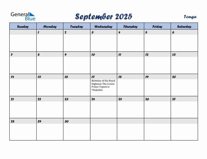 September 2025 Calendar with Holidays in Tonga