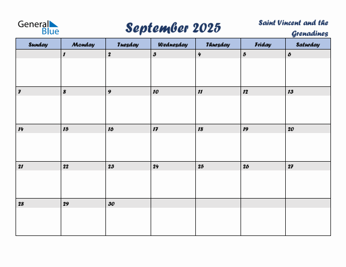 September 2025 Calendar with Holidays in Saint Vincent and the Grenadines