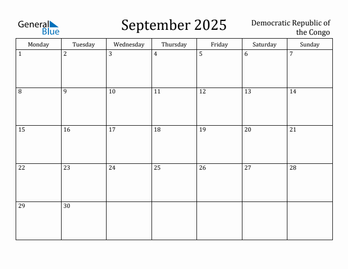 September 2025 Calendar Democratic Republic of the Congo