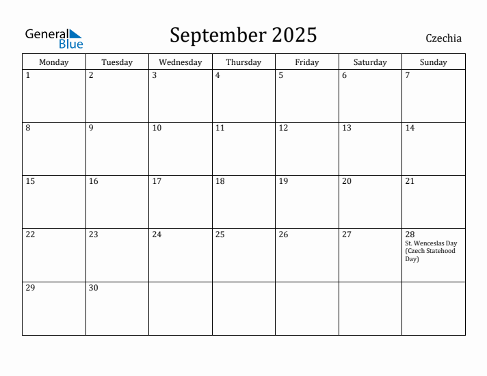 September 2025 Calendar Czechia