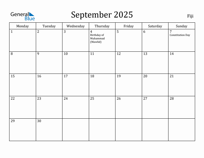 September 2025 Calendar Fiji