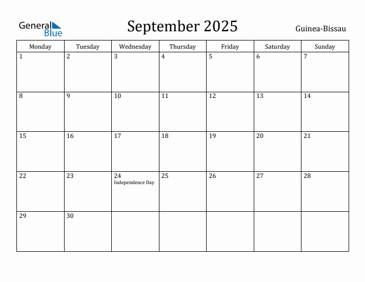 September 2025 Calendar Guinea-Bissau