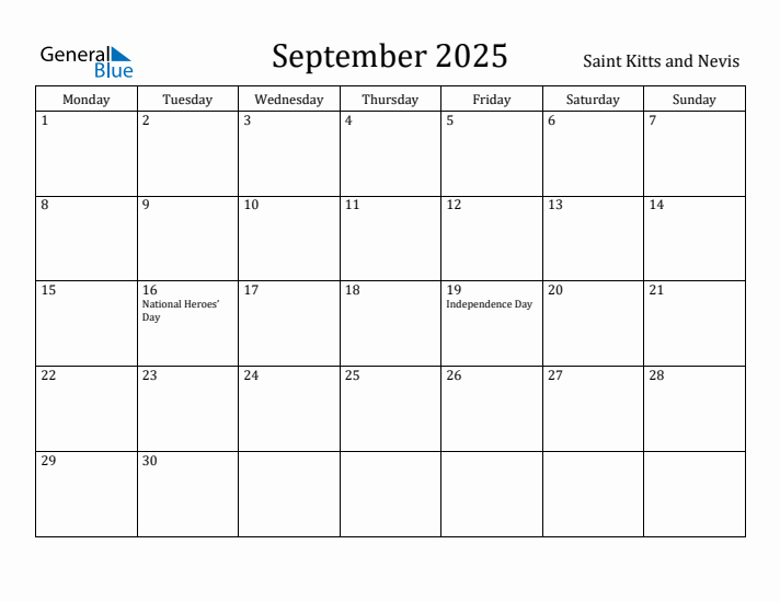 September 2025 Calendar Saint Kitts and Nevis