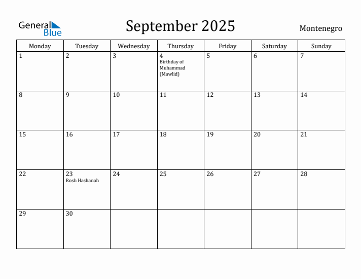 September 2025 Calendar Montenegro