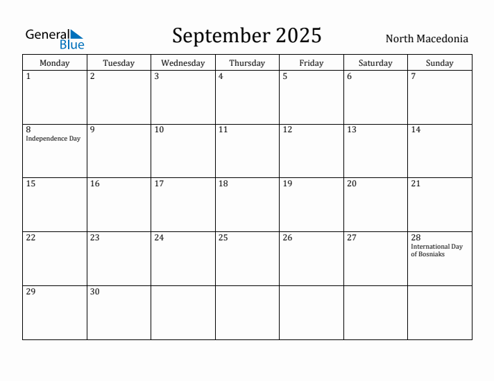 September 2025 Calendar North Macedonia