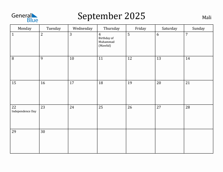 September 2025 Calendar Mali