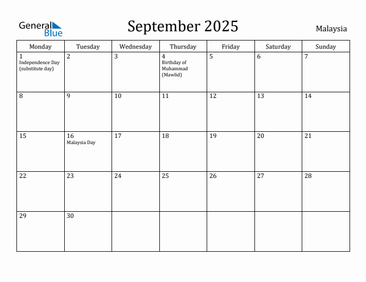 September 2025 Calendar Malaysia