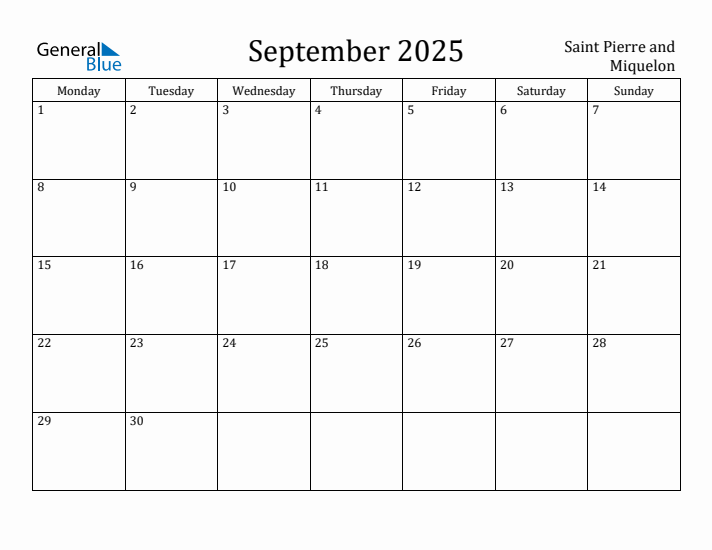 September 2025 Calendar Saint Pierre and Miquelon