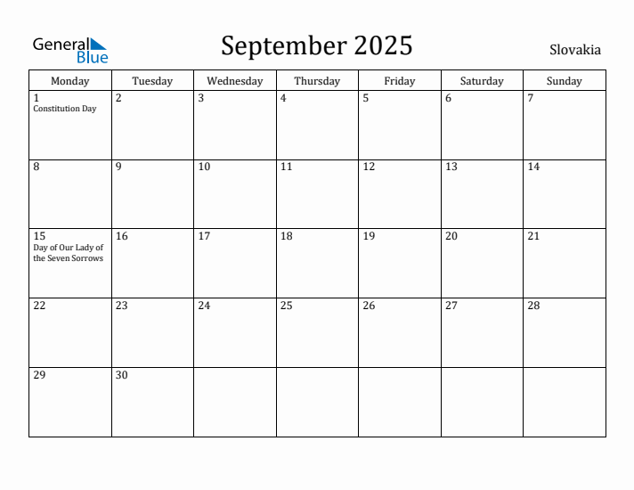 September 2025 Calendar Slovakia