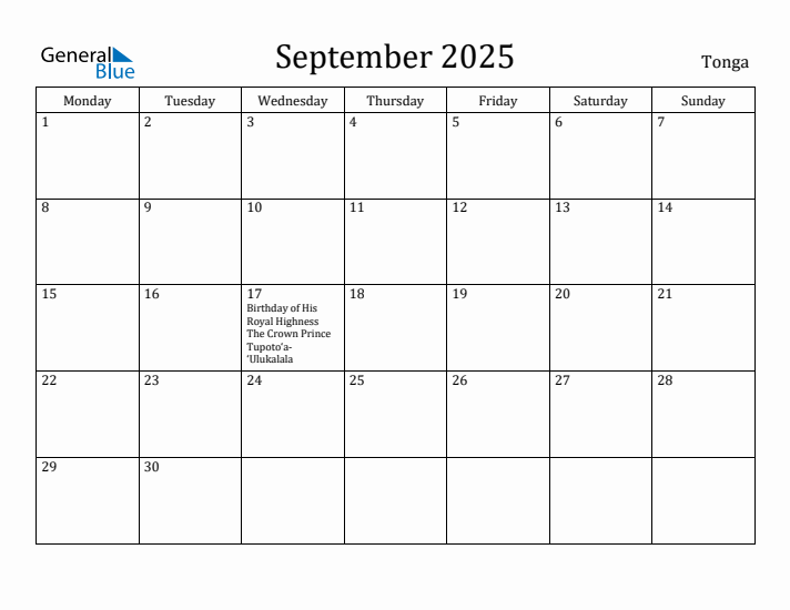 September 2025 Calendar Tonga