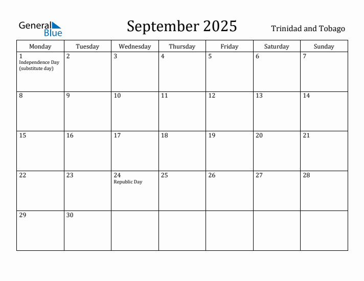 September 2025 Calendar Trinidad and Tobago