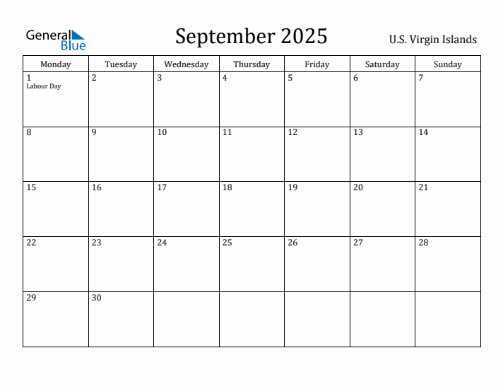 September 2025 Calendar U.S. Virgin Islands