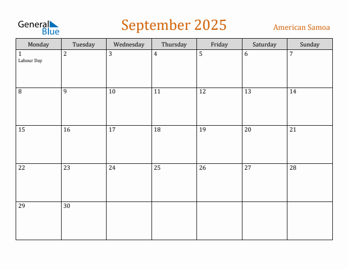 September 2025 Holiday Calendar with Monday Start
